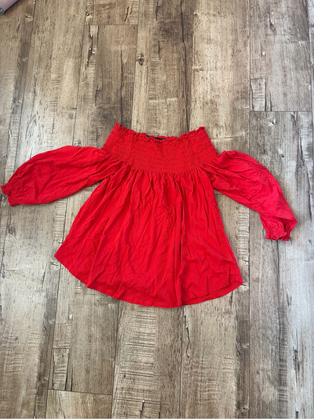 Ralph Lauren Red Off-Shoulder Smocked Bodice Peasant Top